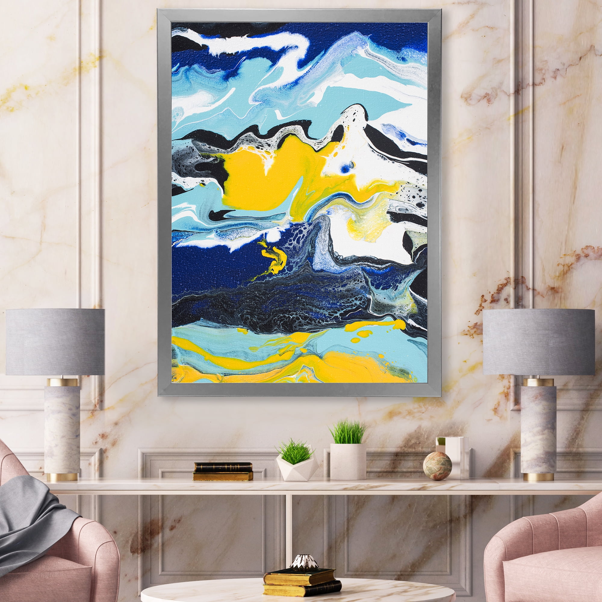 Designart 'Abstract Marble Composition In Blue and Yellow II' Modern Framed Art Print