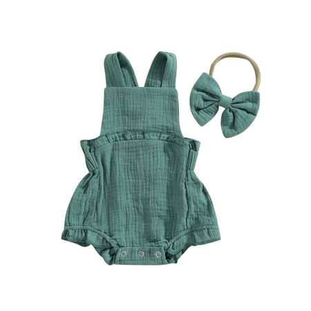 

Baby Girl 2Pcs Summer Outfits Cotton Linen Sleeveless Backless Solid Color Romper Jumpsuits with Headband Outfits Clothes