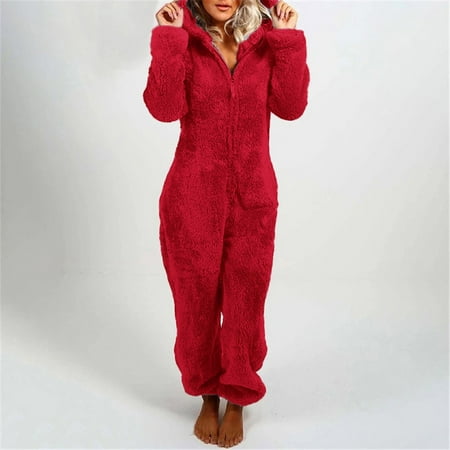 

Cuoff Women Long Sleeve Hooded JumpsuiPajamas Casual Winter Warm Rompe Sleepwear