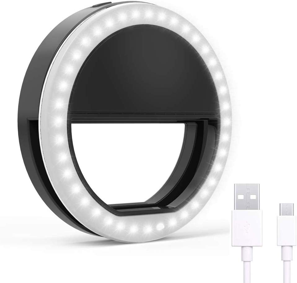with Double Row 60 LED Lights Rechargeable 3-Level Adjustable Brightness Clips On Makeup Light for iPhone 11 12 Pro X Xr Xs Max 7 8 Plus iPad Laptop Samsung Meifigno Phone Selfie Ring Light, White