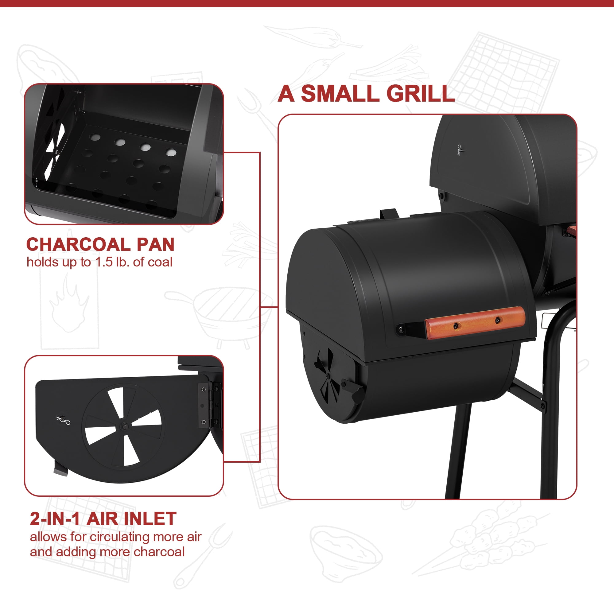 Royal Gourmet 30" Charcoal Barrel Grill with Offset Smoker, Adjustable Grates and Thermometer