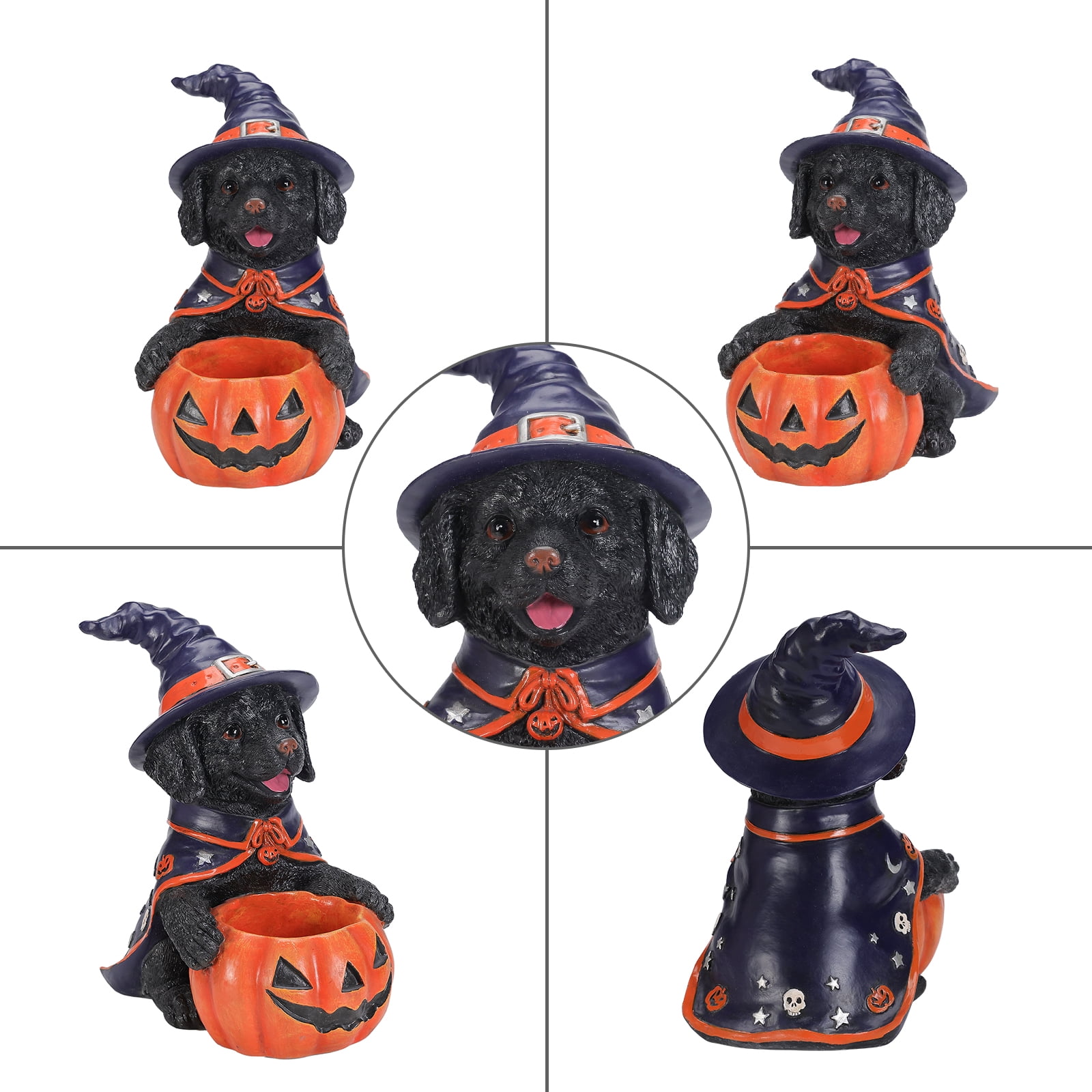 Labrador Puppy Halloween Candy Bowl with Witch Costume Pumpkin Holder Resin Tabletop Decor
