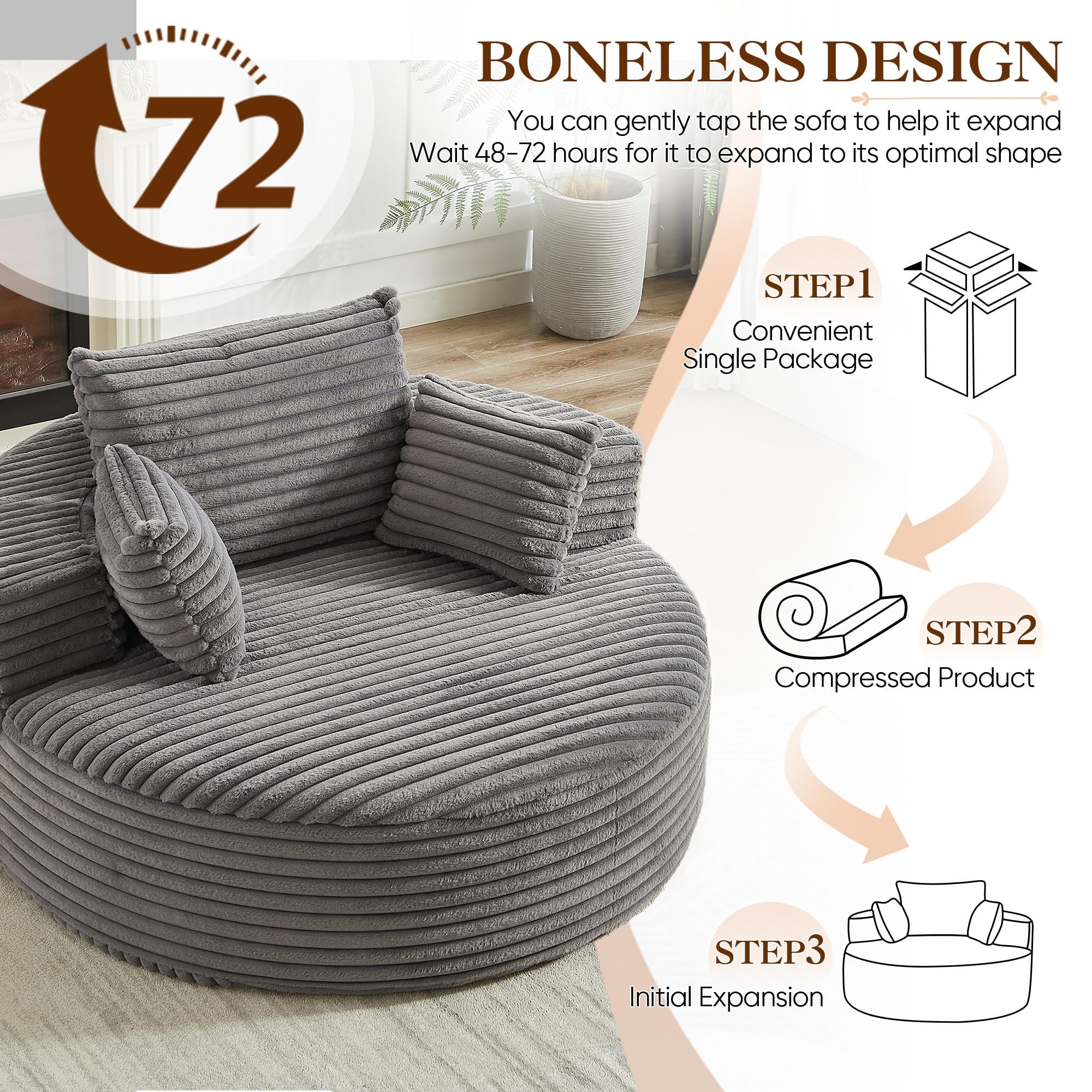 Aukfa 55" Oversized Round Chaise Lounge Chair Indoor, Corduroy Upholstered Sleeper Chair with Deep Seat & Pillows, Gray