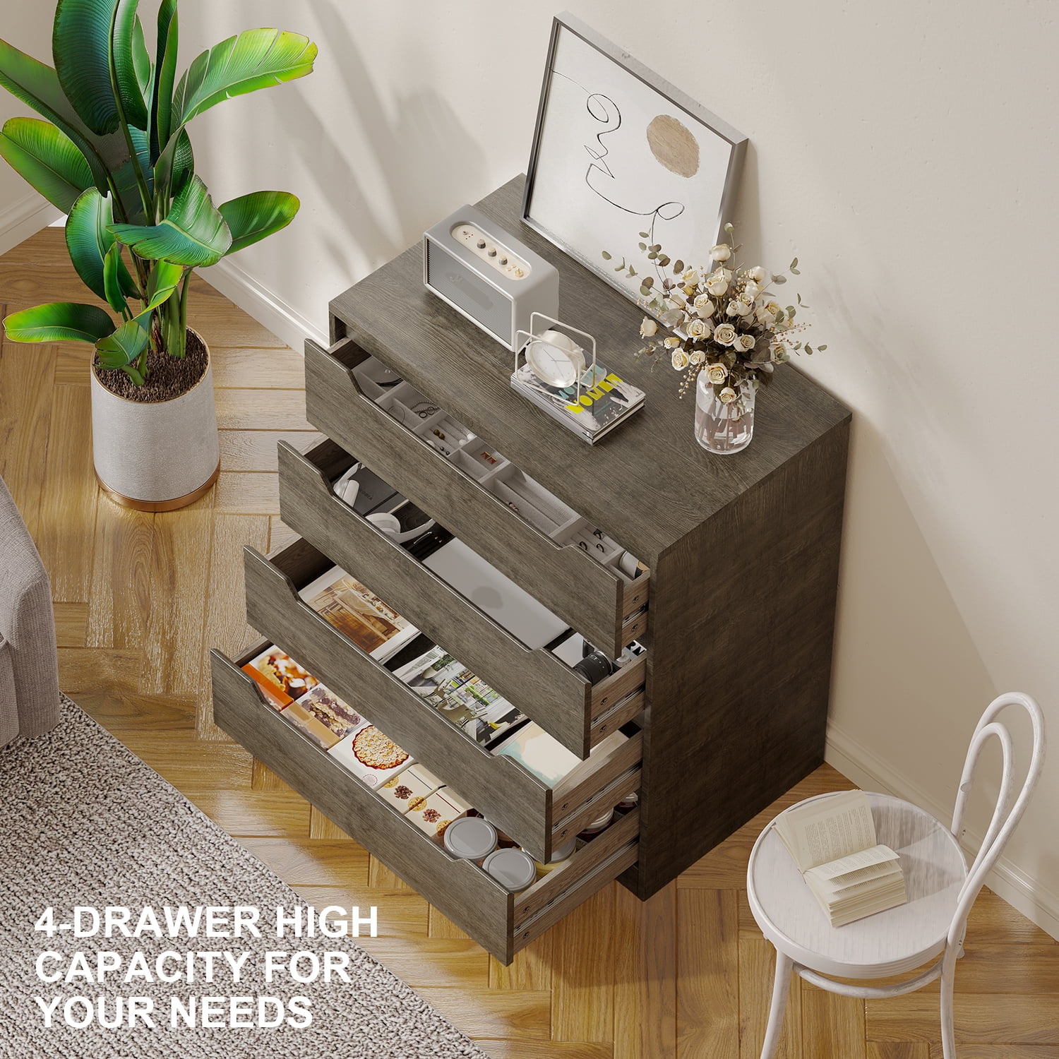 Aiho Dresser with 4 Drawers, Wood Tall Chest, Built-in Handle Drawers for Bedroom, Home, Living Room - Dark Grey
