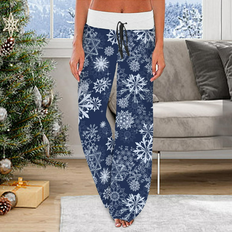 Women's Christmas Causal Exercise Yuga Loose Christmas Print Mid Waist  Drawstring Pants Long Pants Wide Leg Sports Pants Yoga Pants Blue M 
