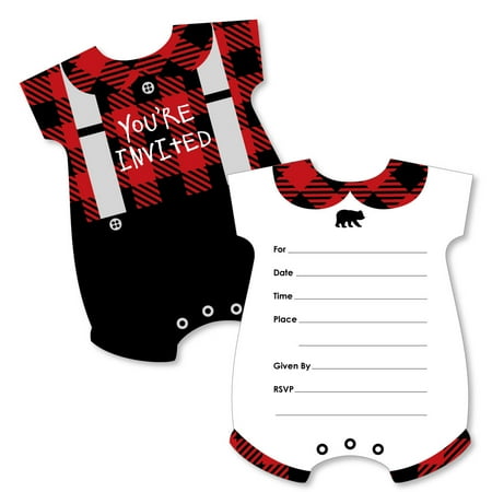 Buffalo Plaid Flannel - Lumberjack - Channel The Flannel - Baby Bodysuit Shaped Fill-In Buffalo Plaid Party Invitation Cards - Set of 12