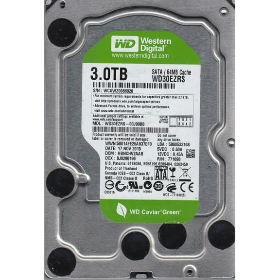 WD30EZRS-00J99B0, DCM HBNCHV2AAB, Western Digital 3TB SATA 3.5 Hard Drive