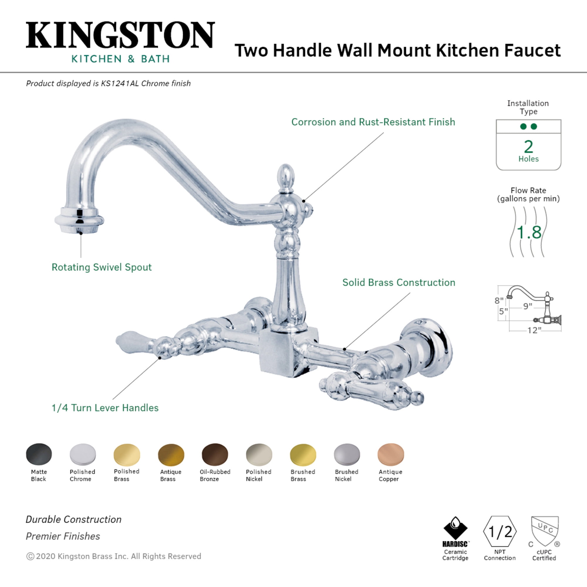 Kingston Brass KS1247AL Heritage Double-Handle Wall-Mount Bridge Kitchen Faucet, Brushed Brass