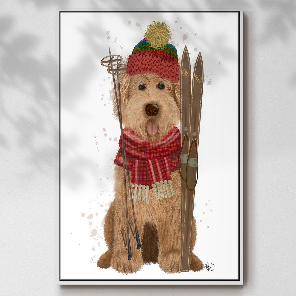 Goldendoodle Ski Dog - Framed Gallery Wrapped Holiday Canvas - 17 x 25 - White Frame