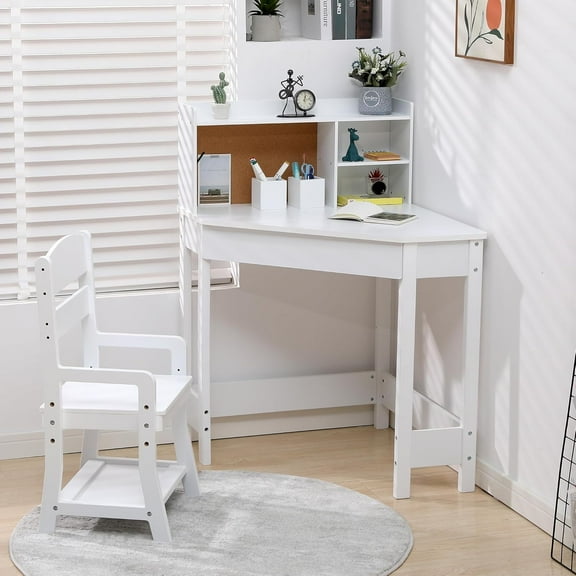 Twister.CK Kids Study Desk Chair Set, Wood Corner Study Table with Adjustable Chair, Hutch, Corkboard, Pen Holder, Compact Children Homework Table Student Desk Set, White