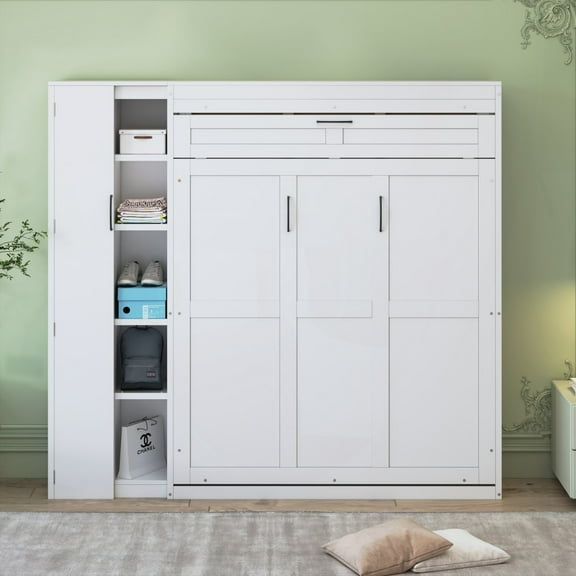 Full Size Murphy Bed with Storage & LED Lights, White
