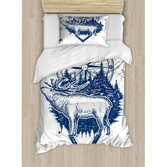Adventure Duvet Cover Set, Reindeer and Compass Travel Wilderness Forest Outdoors, Decorative 2 Piece Bedding Set with 1 Pillow Shams, Twin Size, Dark Blue White, by Ambesonne