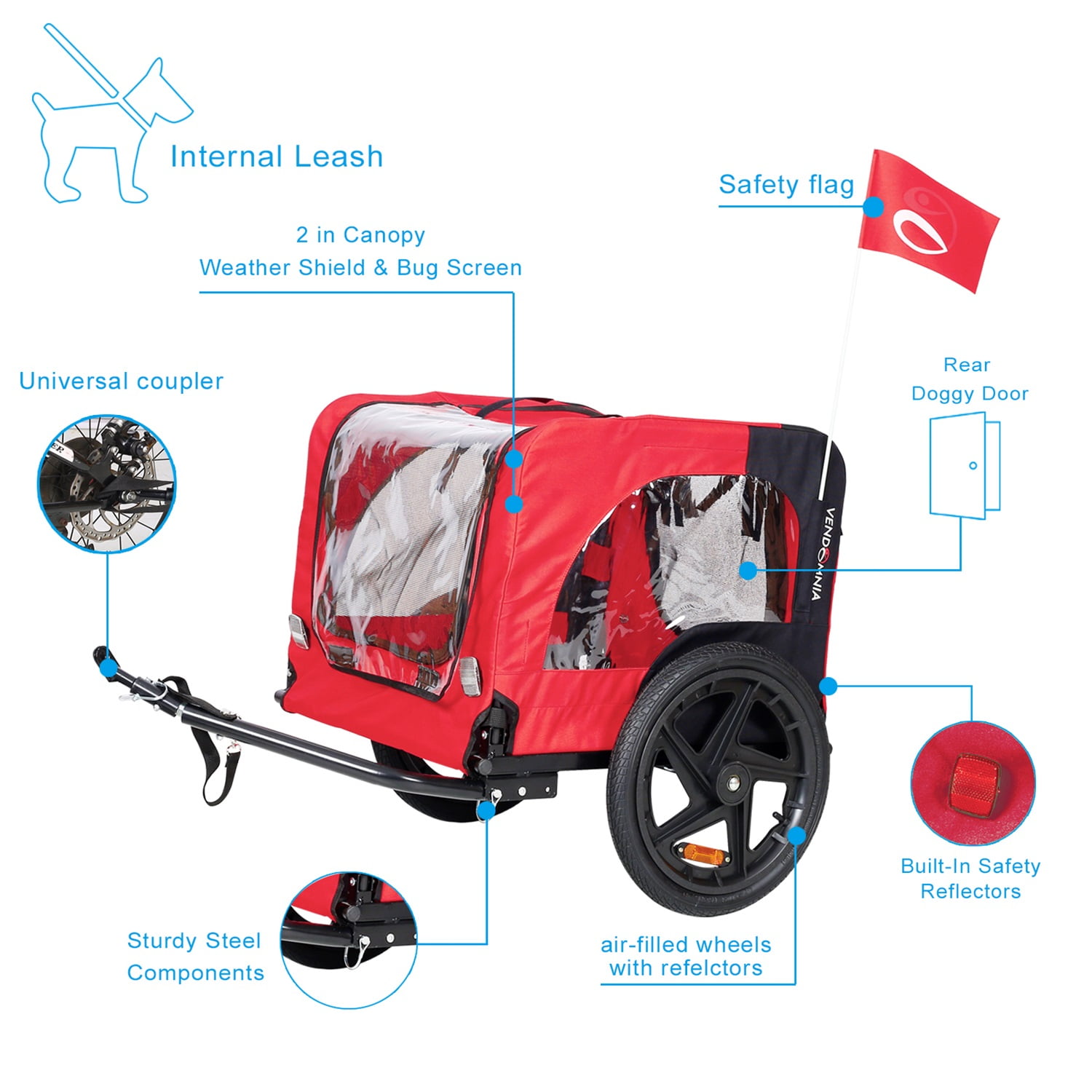 Pefilos 16" Dog Bike Trailer, Pet Stroller Bicycle Carrier w/Hitch, Suspension, Visibility Flag, air wheel Pet Bike Trailer for Dogs 66lb Weight Capacity, Red Pefilos 16" Dog Bike Trailer, Pet Stroller Bicycle Carrier w/Hitch, Suspension, Visibility Flag, air wheel Pet Bike Trailer for Dogs 66lb Weight Capacity, Red