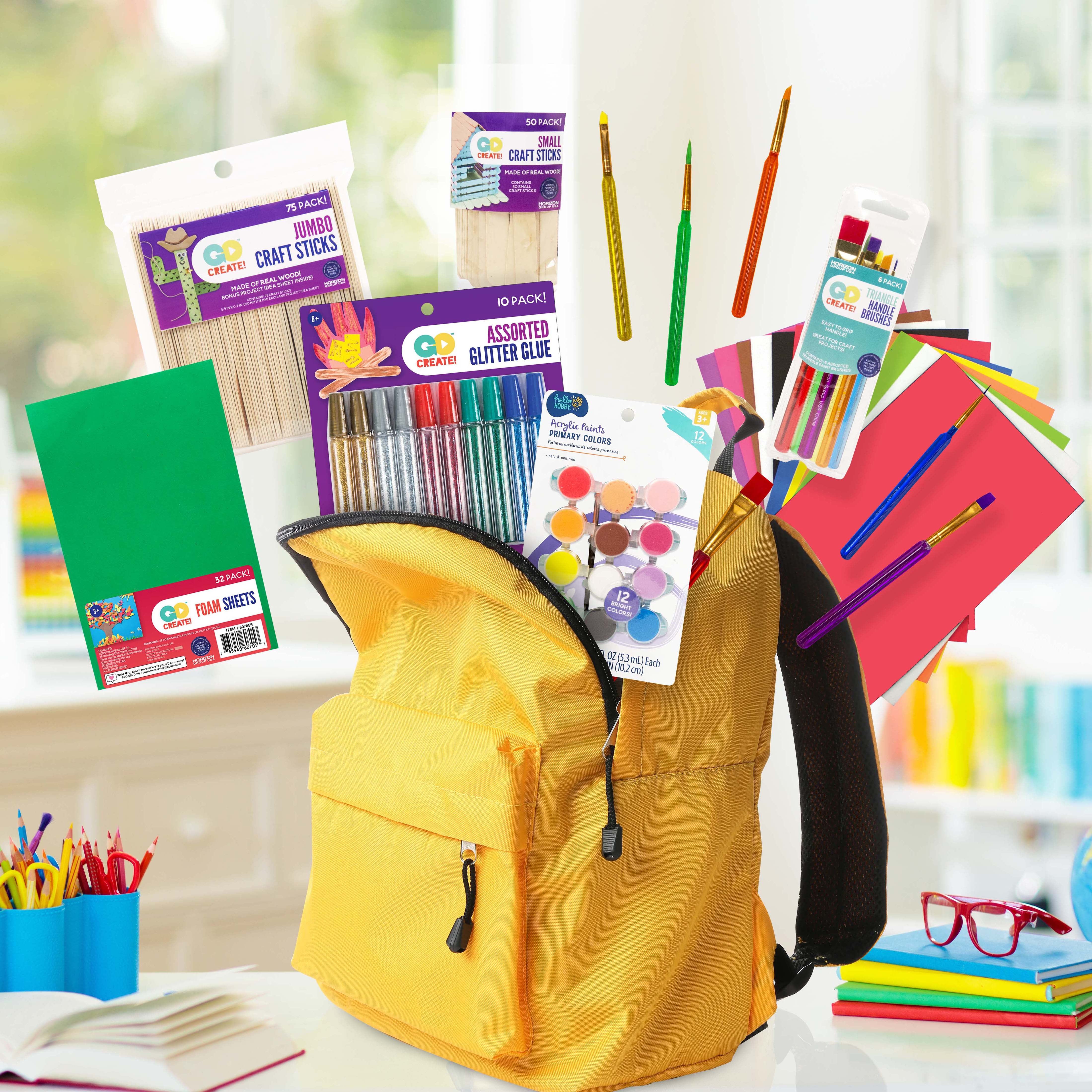 Go Create Craft Basics Bundle Pack, Craft Sticks, Foam Sheets, Glitter Glues, Acrylic Paints