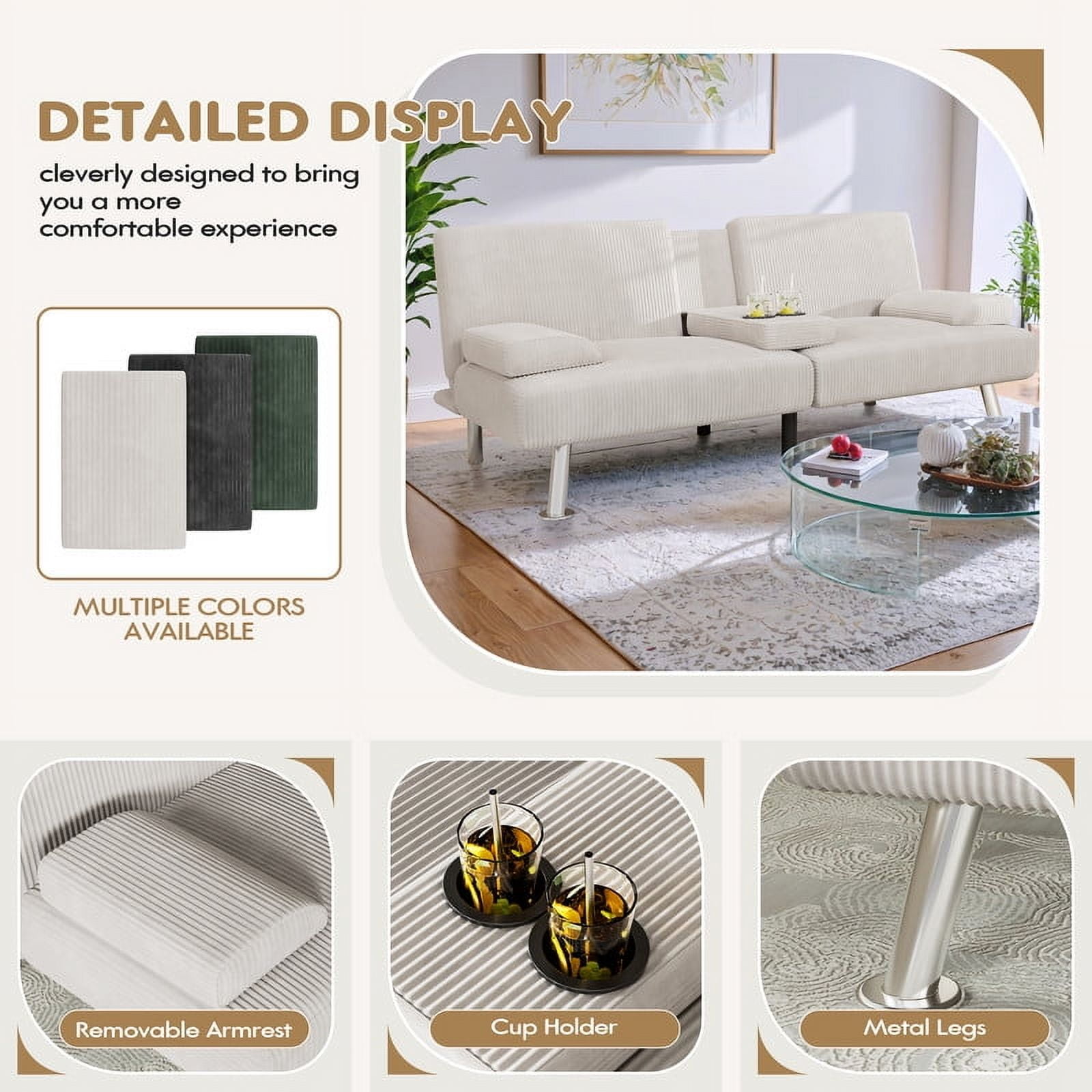 Vineego Convertible Corduroy Futon Sofa Bed with Removable Armrests,Beige