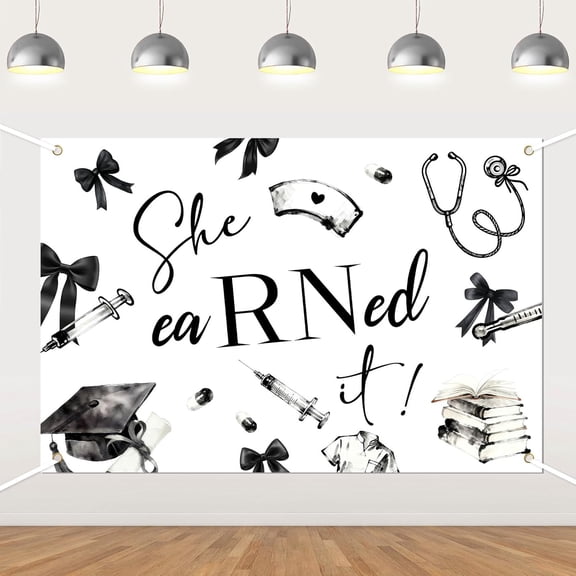 6x4FT Nurse Graduation Backdrop Black Bow She Earned It Background Class of 2026 RN Congrats Nursing School Grad Party Decorations Banner Supplies Photo Booth Props