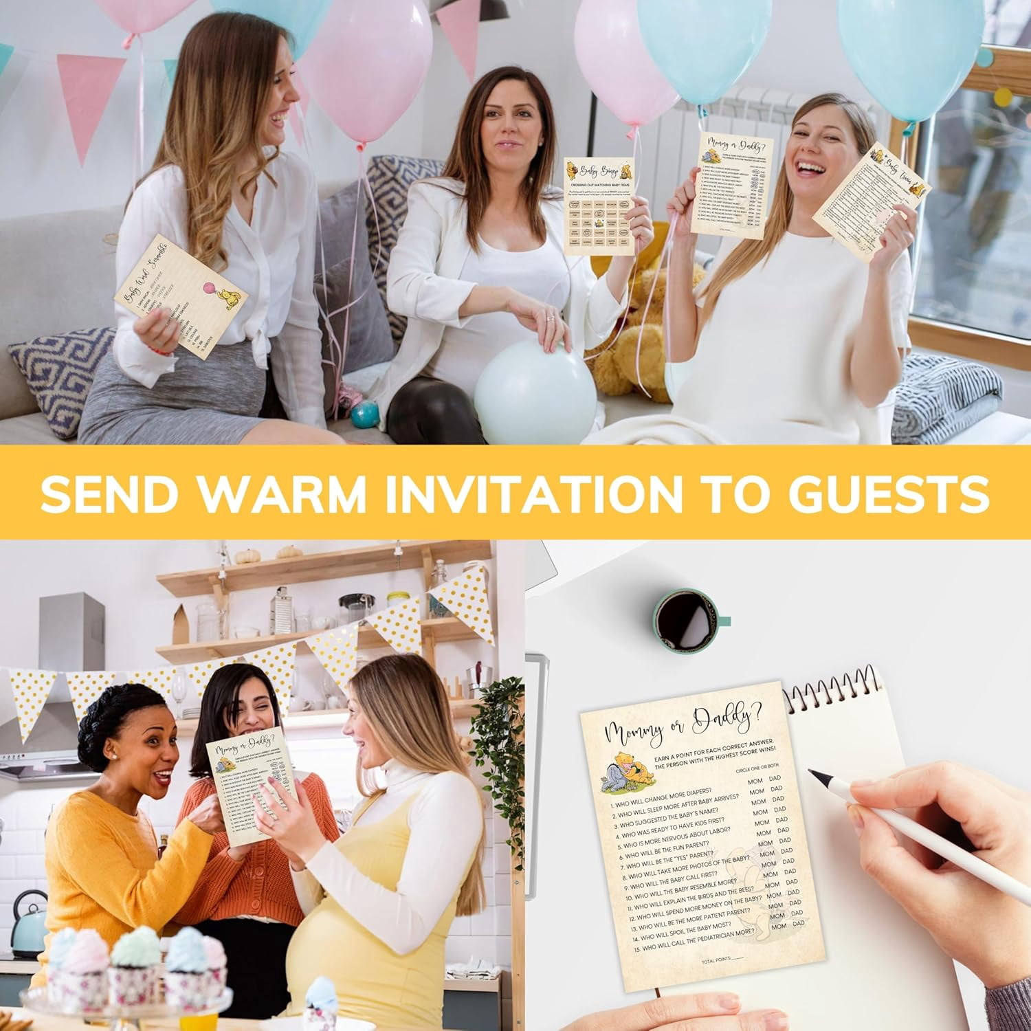 Winnie Baby Shower Games Boy - Pooh Baby Shower Bingo Cards for 25 Guests, Word Scramble Favors, Guess Who Mommy Or Daddy Game Ideas for Party Decorations