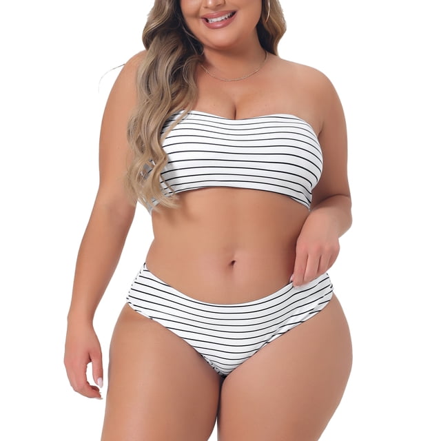 Bikini de dos piezas Agnes Orinda para mujeres, traje de baño de tirantes caídos, cintura alta, 1X, rayas blancas