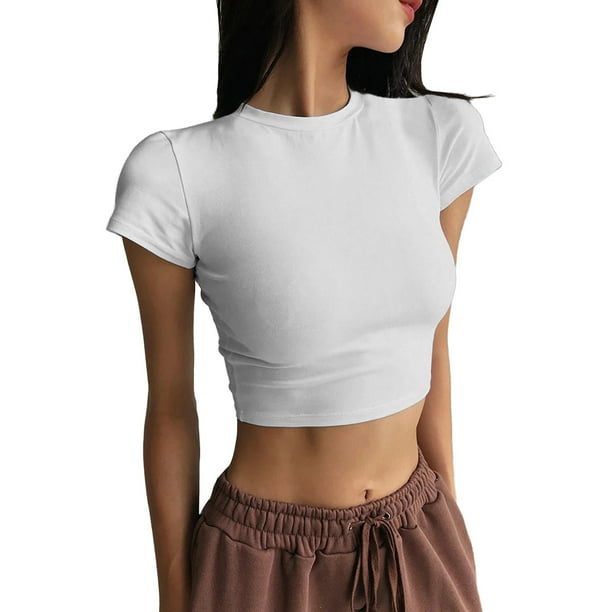 Blusa túnica de manga corta con cuello redondo y estampado liso para mujer, tejido de algodón, ropa informal/de diario, tallas S-XL