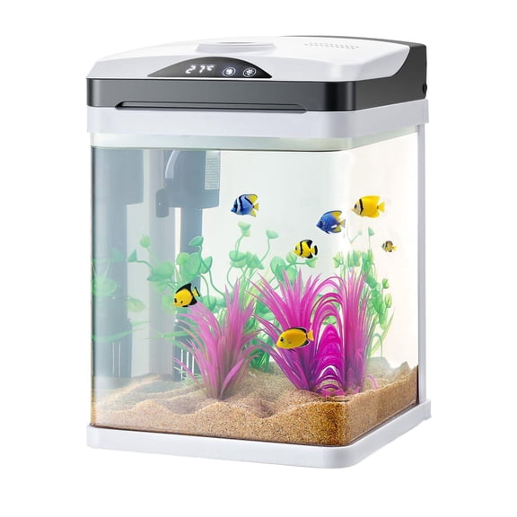 2 Gallon LED Square Ultra Clear Glass Fish Tank Aquarium with Temperature Monitoring Adjustable 7 Color Lighting Self Cleaning System for Freshwater Saltwater Fish Home Office Pet