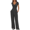 thumbnail image 2 of Womens V Neck Short Sleeve Top Wide Leg Pants Casual Comfortable Outfit Set Two Piece Dark Gray [Short Sleeve] M, 2 of 5