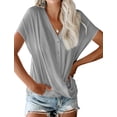 thumbnail image 4 of Women Solid Color V Neck Batwing Sleeve Cross Drape Front Buttons T-Shirt, 4 of 5