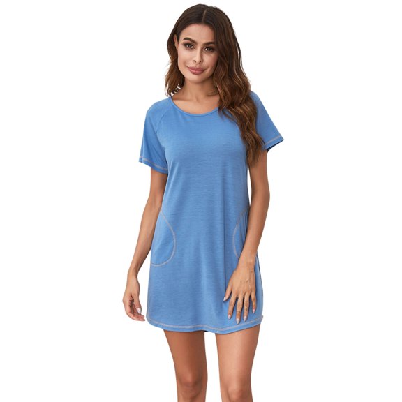 Ladies Nightgowns Soft Breathable Sleep Shirt,Short Sleeve Sleepwear Pajamas Dress with 2 Pockets,Summer Round Neck Casual Sleepshirt Full Slip Nightshirt Loungewear Short Dress,S-XXL Blue