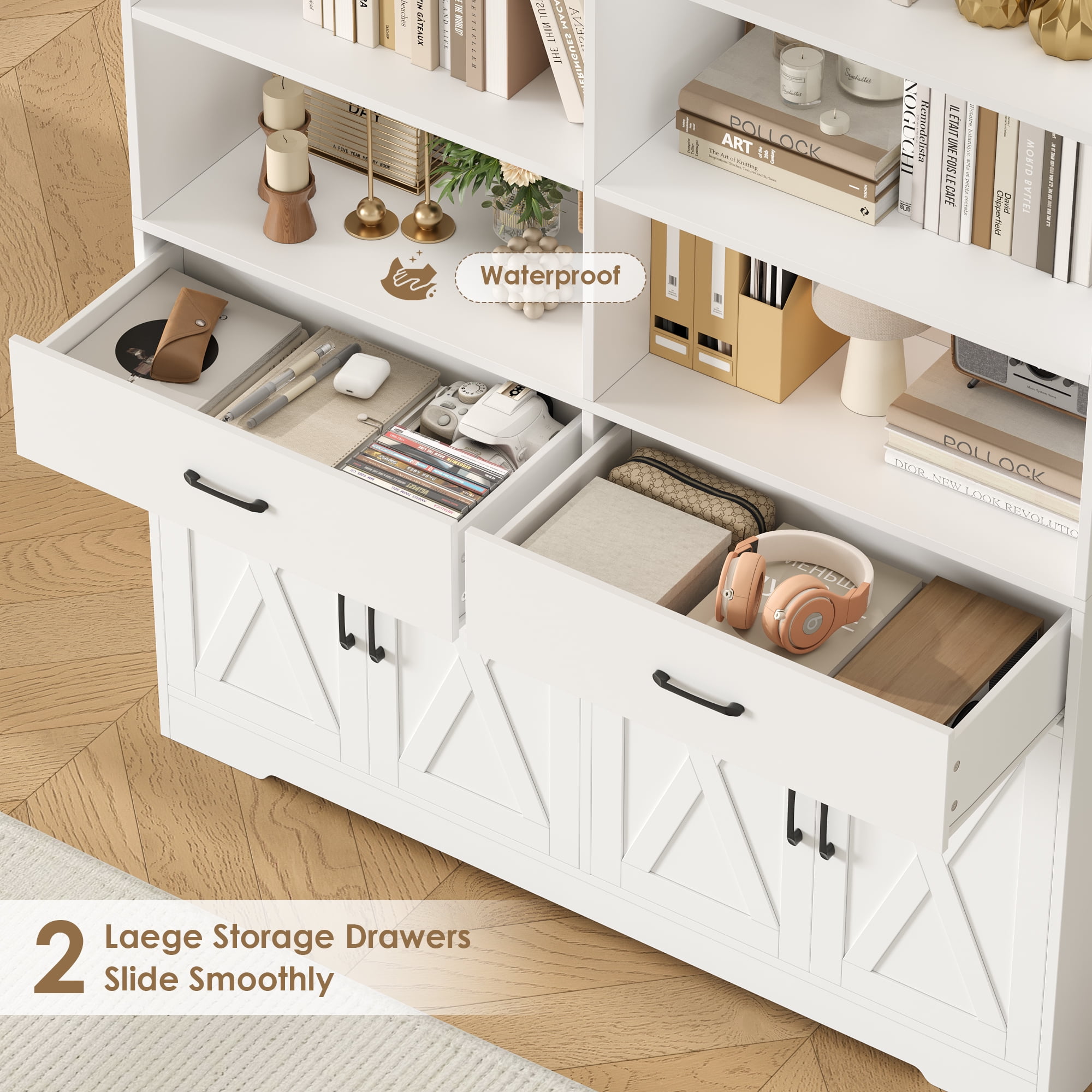Hiphuta 78" Tall Double Row Bookcase with 2 Drawers, Farmhouse Large Bookshelf with Cabinet, Storage Bookcase with Doors for Office Living Room, White