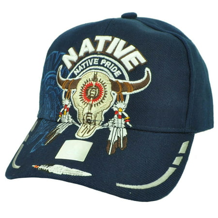 Native Indian American Pride Buffalo Skull Shadow Feather Navy Adjustable Hat Cap
