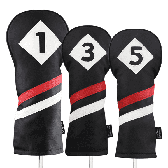 Majek Retro Golf Headcovers Black Red and White Vintage Leather Style 1 3 5 Driver and Fairway Head Covers Fits 460cc Drivers Classic Look