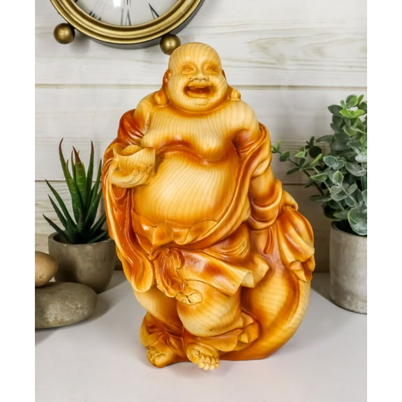 Ebros Feng Shui Hotei Happy Buddha Holding Gold Ingot Figurine 8.5" H