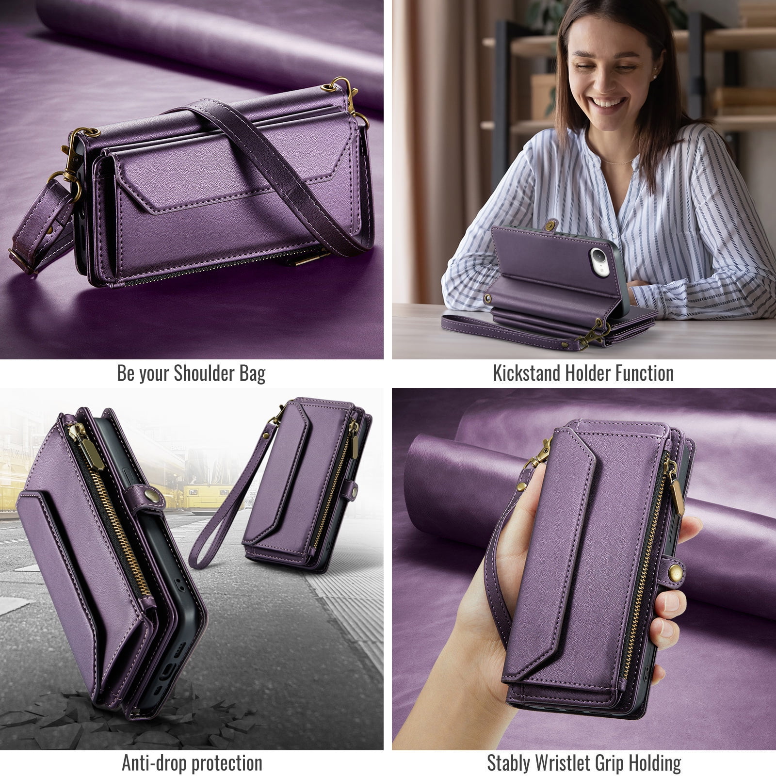 Compatible with iPhone 16e/SE 2025/SE 4 Zipper Wallet Phone Case Tempered Glass Screen Protector Crossbody Lanyard Strap Flip Card Holder Slot Cell Cover for i Phone16e i16e 16 e SE4 Women Purple