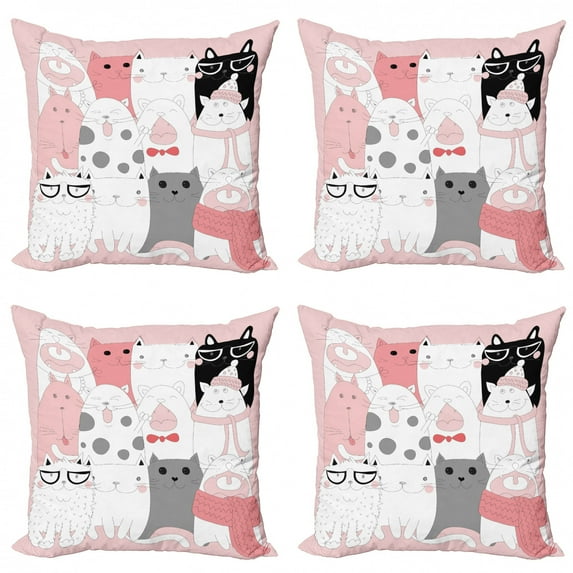 Ambesonne Cat Throw Pillow Cover 4 Pack, Funny Kittens Humor Doodle, 24", Pale Pink White Black