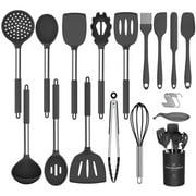 Silicone Cooking Utensil Set, HadinEEon 36pcs Silicone Cooking Kitchen Utensils Set, Non-stick Heat Resistant - Best Kitchen Cookware with Stainless Steel Handle (Black)