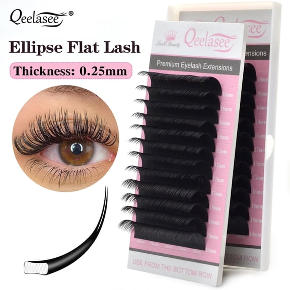 Qeelasee Matte Black Ellipse Flat Lashes Extension 0.25 mm Split Tips Individual False Eyelashes Supplies D Curl 8-15 mm