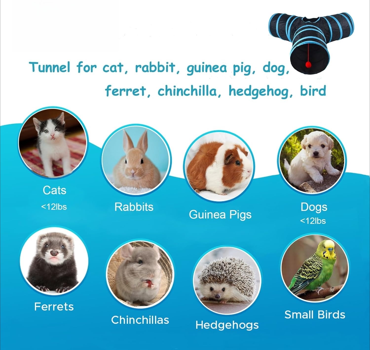 Pet Cat Tunnel Toy, 3 Way Collapsible Cat Tunnel Tube, Peek Hole and Ball Toy for Indoor Cats, Kittens, Puppies, and Small Pets