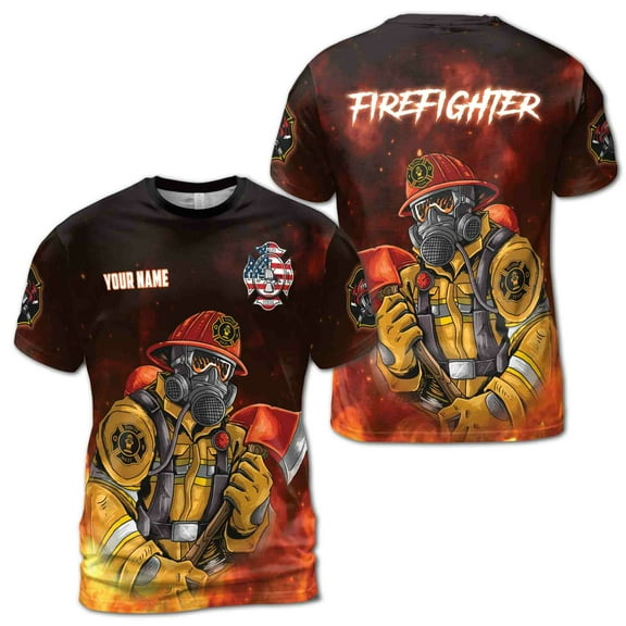 Custom Name Firefighter Fire Dept Flame Men's T-shirt S-5XL