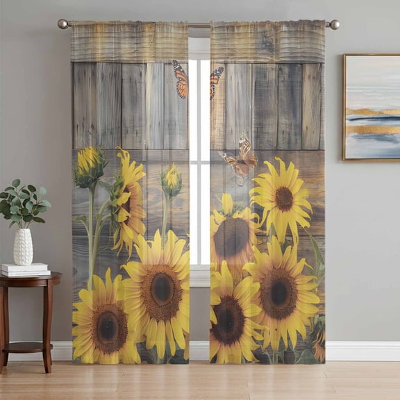 Sunflower Semi Sheer Curtains 63 Inch Length 2 Panels Set,Spring Yellow Floral Rustic Butterfly Wood Grain Sheer Kitchen Curtain Privacy Voile Window Curtain for Living Room Bedroom Rod Pocket Drapes