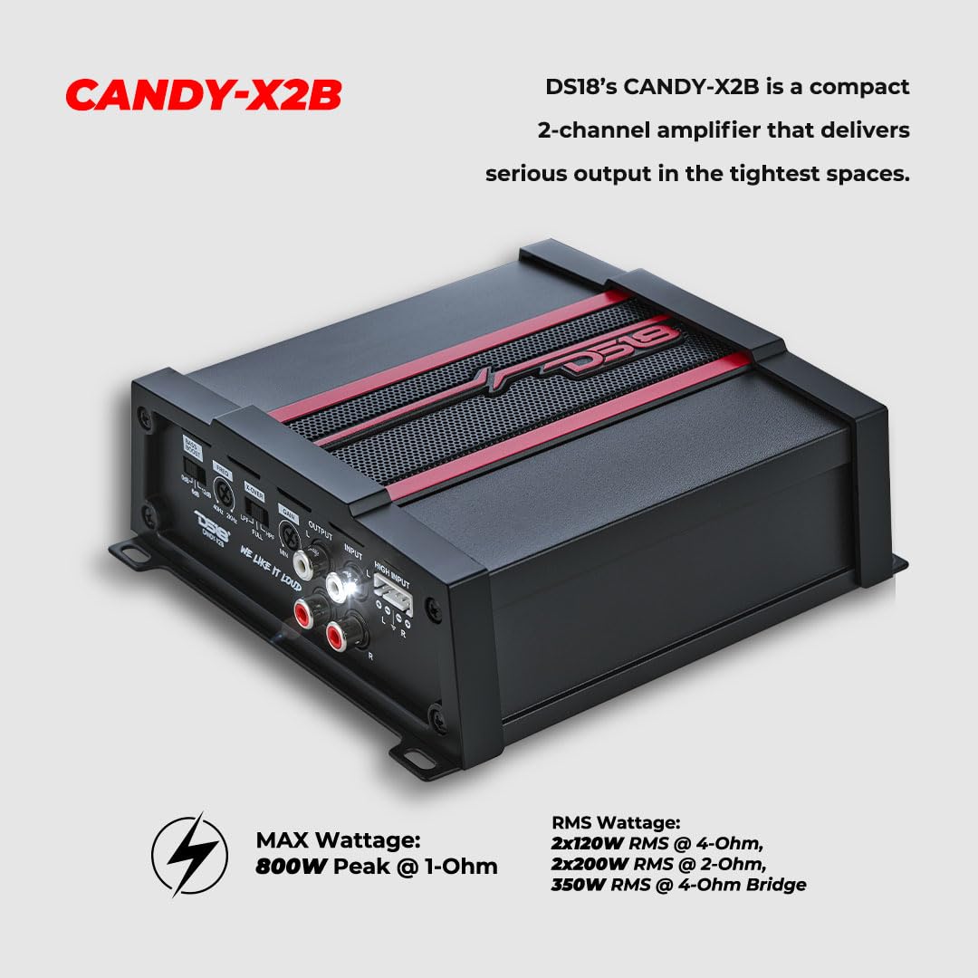 DS18 CANDY-X2B Full-Range Class D 2-Channel Car Amplifier 800 Watts, Built in Crossover, Bass Boost, Small and Compact Amp
