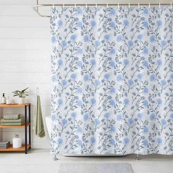 Shower Curtain Blue Daisy Green Leaf Shower Curtains for Bathroom Decor, Waterproof Polyester Shower Curtain Set with Hooks, Small Stall Size 36" x 72" Spring Floral Plant