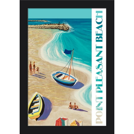 - Point Pleasant Beach, New Jersey - Vintage Beach Scene - Lantern Press Artwork (12x18 Giclee Art Print, Gallery Framed, Black Wood)