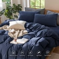thumbnail image 4 of MooMee 100% Washed Cotton Duvet Cover Set Queen Size Linen Like Textured Breathable Lightweight 3-Piece (Solid Navy, 90"x90"), 4 of 7