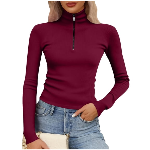 yillto Women Mock Neck Tops Quarter Zipper Pullover Long Sleeve Ribbed Shirts Fall Collared Sweaters