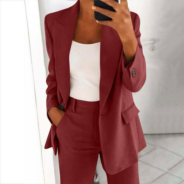 Soki Ensemble Blazer 2 Pcs pour Femmes Bouton devant Manches Longues Blazer et Pantalon Ensemble de Costumes de Bureau Solide