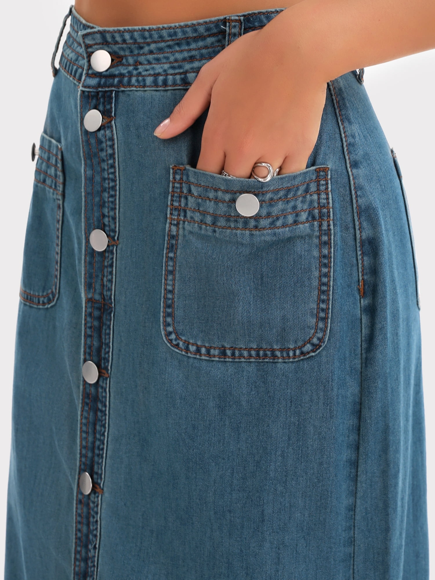 DARING DIVA Women's Slit Back Midi Denim Pencil Skirt with Pockets XL Retro Blue