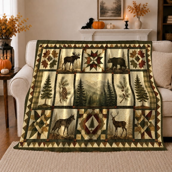 North American Wildlife Forest Cabin Lodge Scene Moose, Peaceful Mountain Lake Scene, Warm Flannel Blanket for Cabin and Lodge, Outdoor Lovers Camping Gift, Artistic Home Decor