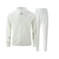 thumbnail image 2 of yuCgh Men's Solid Color Waffle Knit Zippered Cardigan Jacket Set, Slim Fit Two-Piece Outfit with Lapel Collar and Front Pockets for Casual Wear,White L, 2 of 5