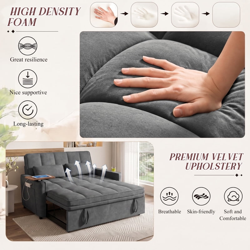 avobird 54'' Pull Out Sofa Bed, Convertible Sleeper Couch for for Living Room, Side Desk, USB Ports, Cup Hold, Velvet Fabric, Adjustable Backrest, Dark Gray