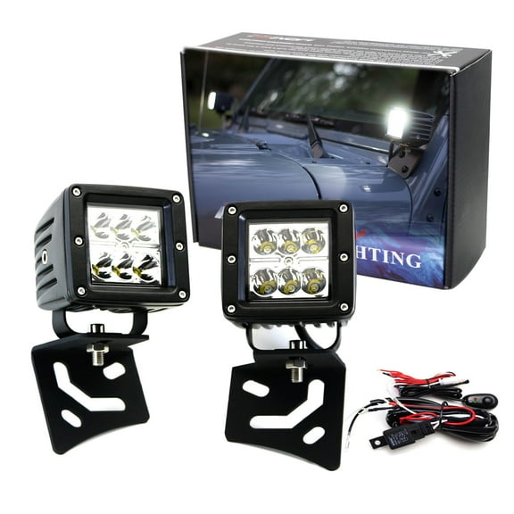 A-Pillar LED Pod Light Kit For 1997-2017 Wrangler TJ & JK, Includes (2) 24W High Power 2x3 CRE LED Cubes, Windshield A-Pillar Mounting Brackets & On/Off Switch Wiring Kit