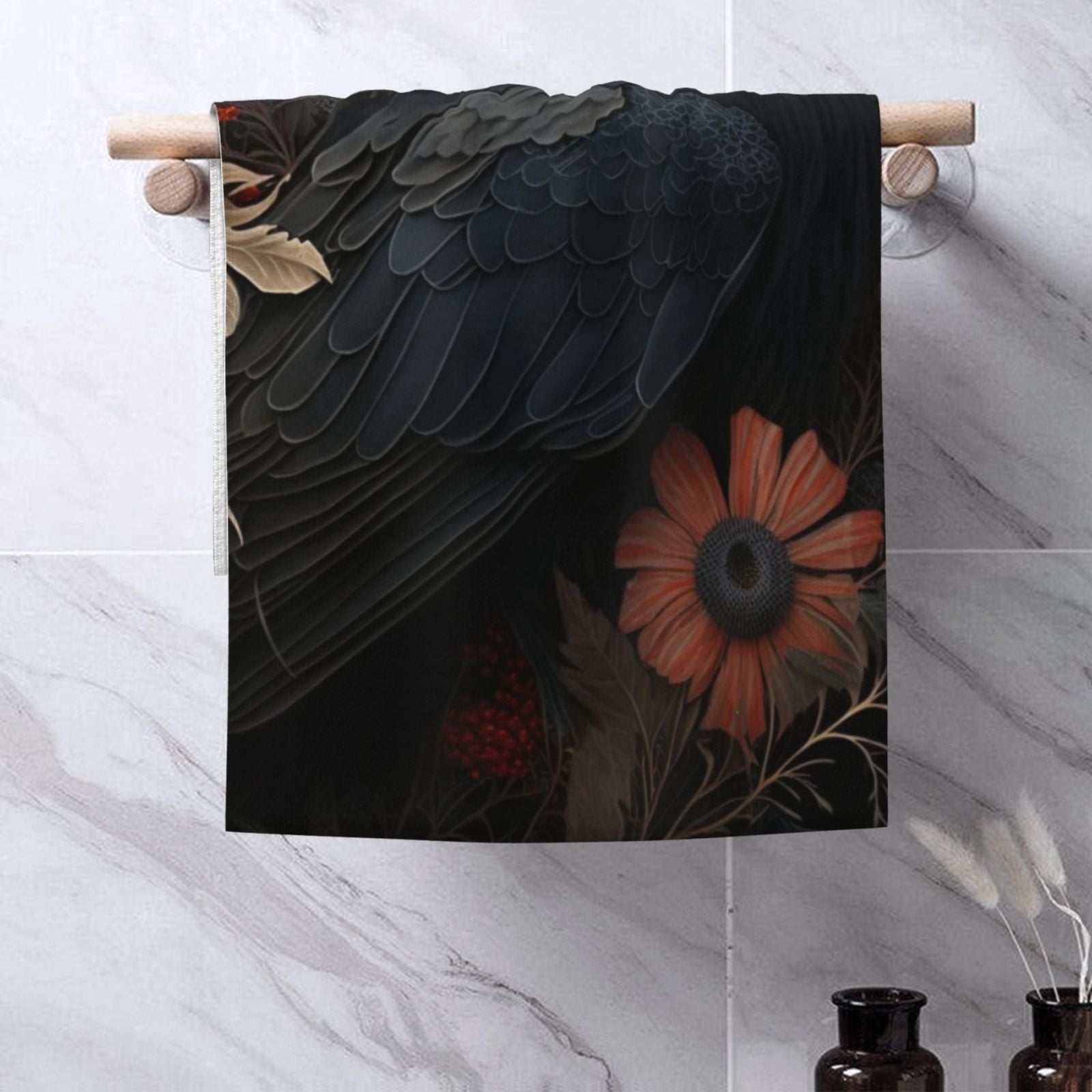 Crow Raven Flowers Gothic Black 27.5" x 16" Ultra Soft Hand Towel, Face Wash Cloth for Bathroom, Gym, Travel, Pool